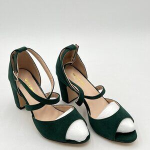 XYD Dark Green Suede Block Heel Sandals